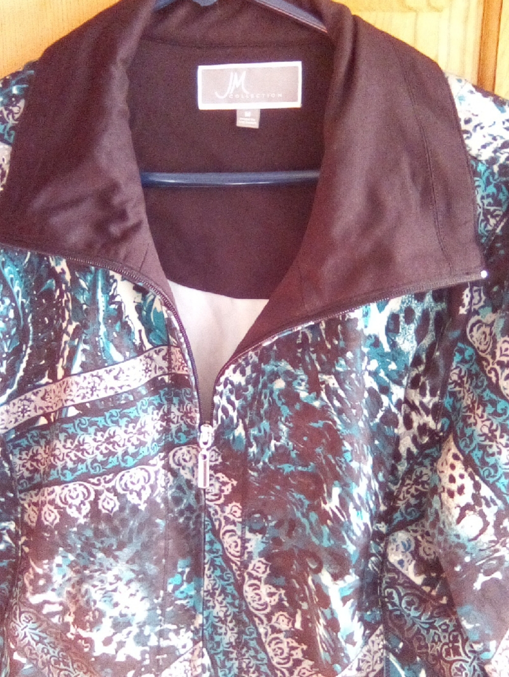 JM Collection Teal and Brown Printed Zip Jacket